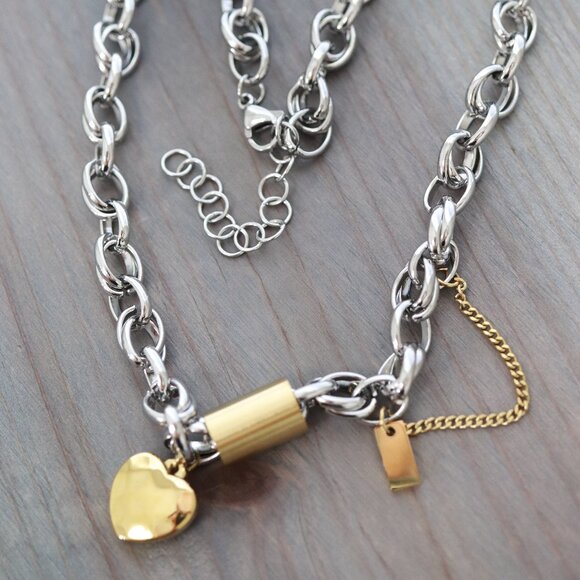 Elegant Silver and Gold Heart Pendant Necklace - Picture 3 of 4
